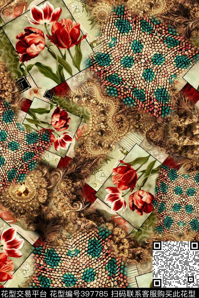 油画花卉蛇皮纹金色炫光底纹数码印花华亿平台下载（图片编号: 397785） - 瓦栏（Walan）