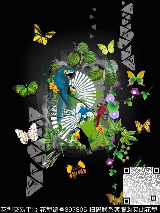 流行时尚蝴蝶鹦鹉定位女装数码印花华亿平台下载（图片编号: 397805） - 瓦栏（Walan）