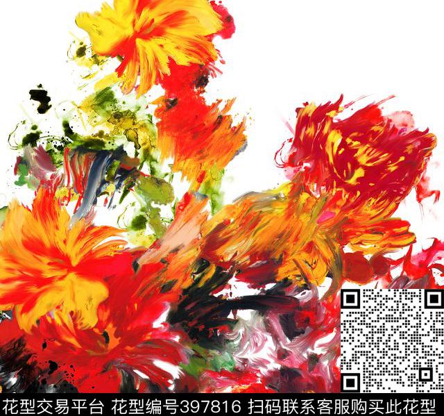 抽象花卉油画数码印花华亿平台下载（图片编号: 397816） - 瓦栏（Walan）