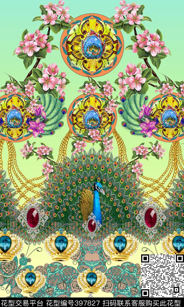 珠宝孔雀羽毛链条花卉数码印花华亿平台下载（图片编号: 397827） - 瓦栏（Walan）