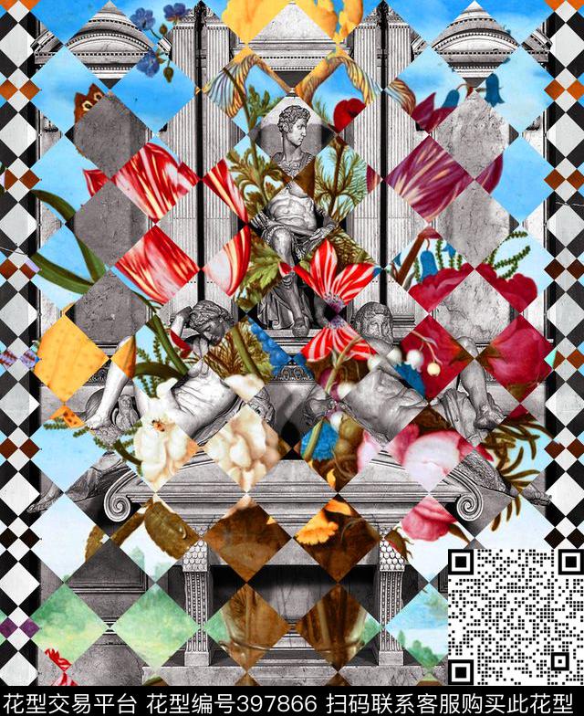 民族风几何菱形雕塑数码印花华亿平台下载（图片编号: 397866） - 瓦栏（Walan）