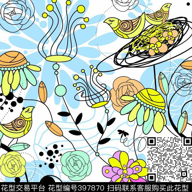 花草小鸟手绘传统印花华亿平台下载（图片编号: 397870） - 瓦栏（Walan）