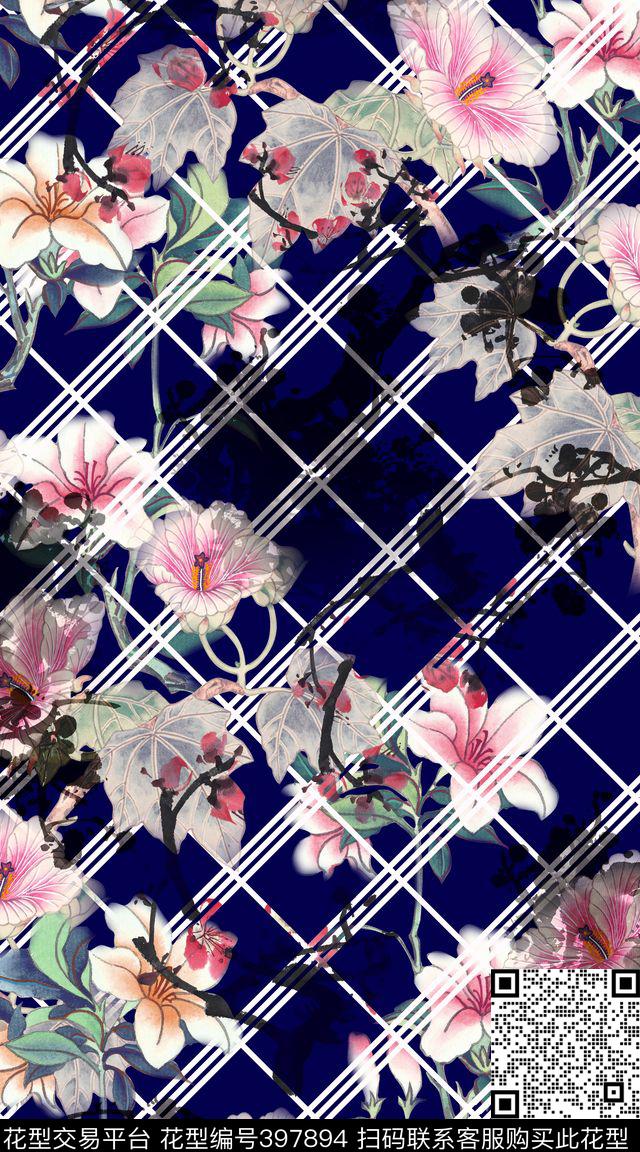 网格水墨花卉数码印花华亿平台下载（图片编号: 397894） - 瓦栏（Walan）