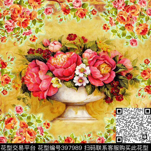 大牡丹金黄色田园数码印花华亿平台下载（图片编号: 397989） - 瓦栏（Walan）