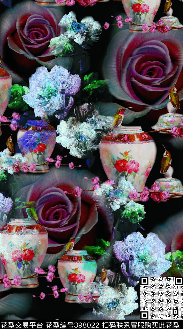 抽象蜂鸟花瓶数码印花华亿平台下载（图片编号: 398022） - 瓦栏（Walan）