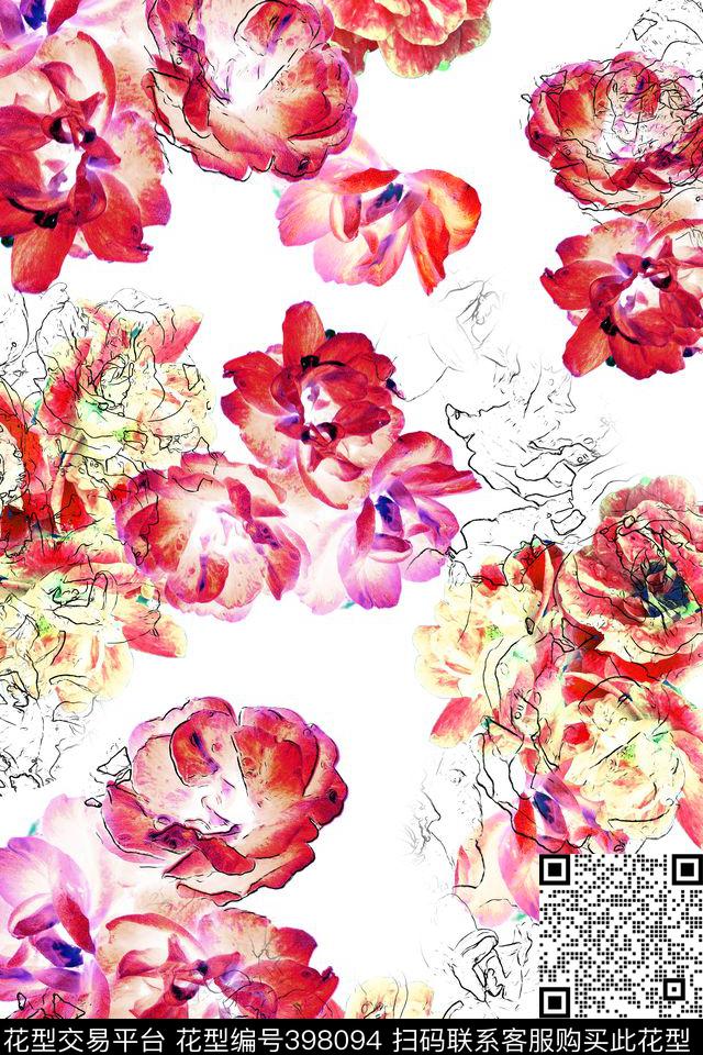 水彩花线描白底数码印花华亿平台下载（图片编号: 398094） - 瓦栏（Walan）