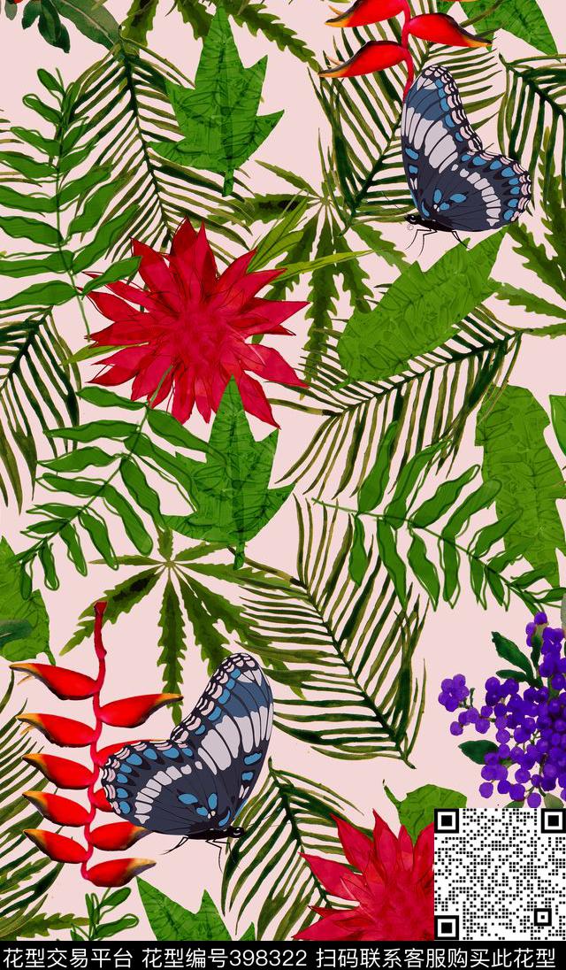 热带风情叶子花卉数码印花华亿平台下载（图片编号: 398322） - 瓦栏（Walan）
