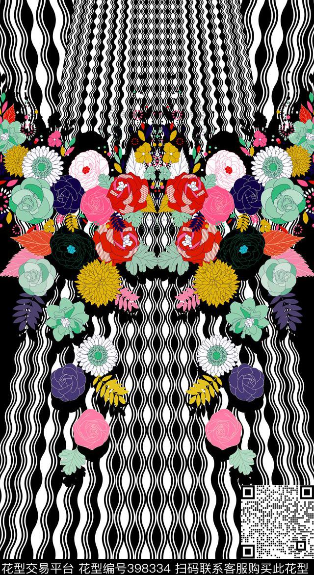 花卉黑白波浪纹传统印花华亿平台下载（图片编号: 398334） - 瓦栏（Walan）