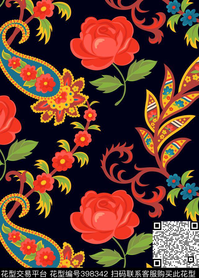 传统印花花卉腰果花传统印花华亿平台下载（图片编号: 398342） - 瓦栏（Walan）