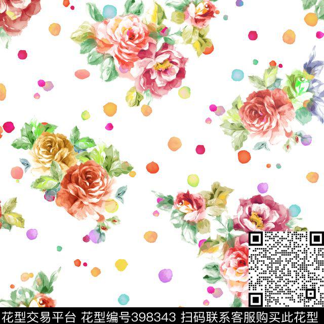 玫瑰花卉波点数码印花华亿平台下载（图片编号: 398343） - 瓦栏（Walan）
