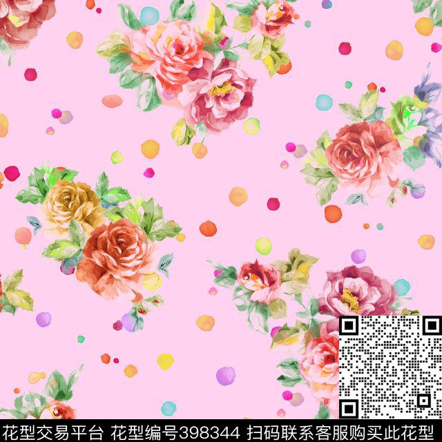 流行时尚水彩花卉波点数码印花华亿平台下载（图片编号: 398344） - 瓦栏（Walan）