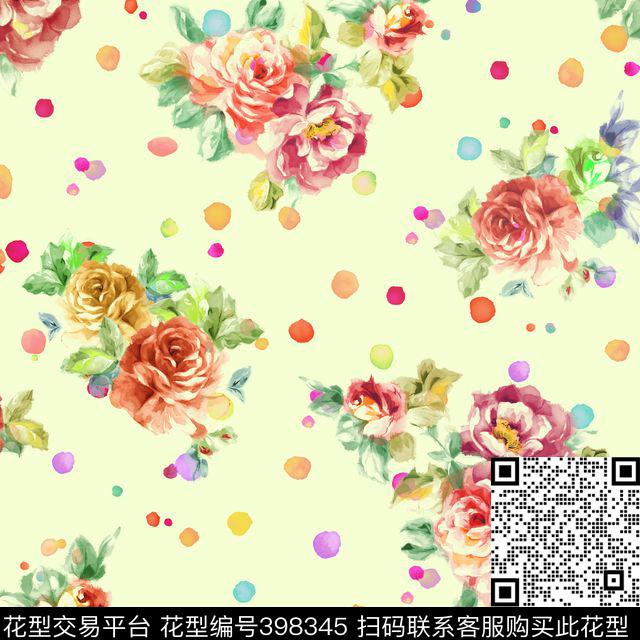 流行时尚水彩花卉波点数码印花华亿平台下载（图片编号: 398345） - 瓦栏（Walan）