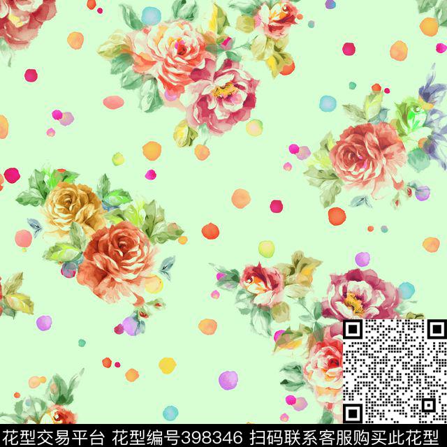 流行时尚水彩花卉波点数码印花华亿平台下载（图片编号: 398346） - 瓦栏（Walan）
