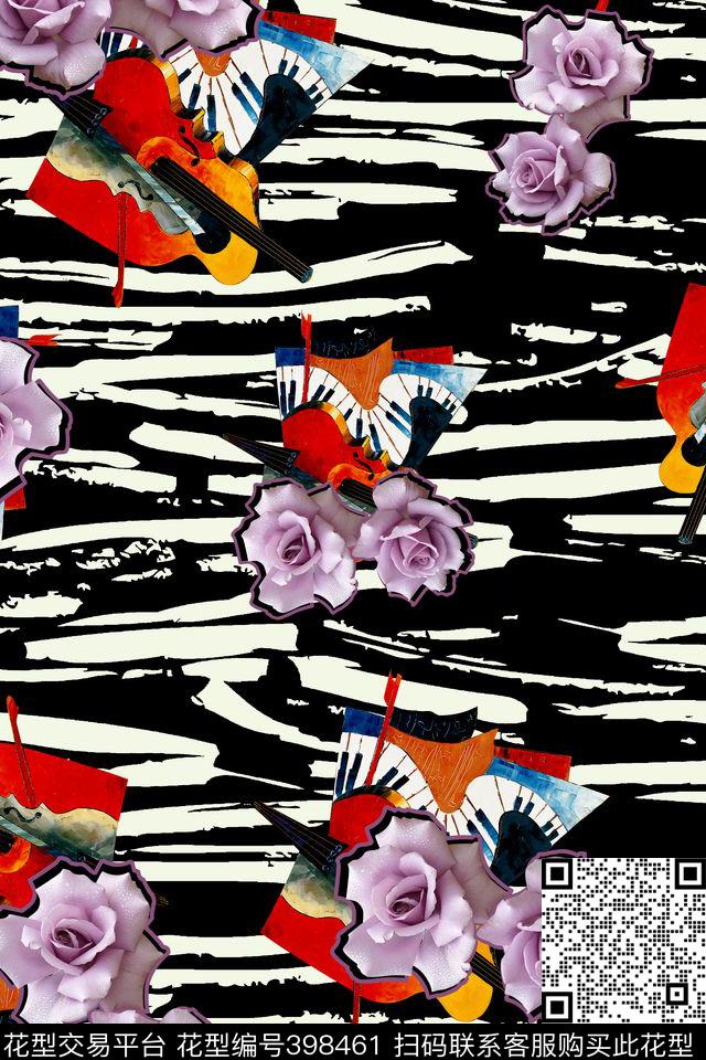 抽象钢琴黑色线条花卉数码印花华亿平台下载（图片编号: 398461） - 瓦栏（Walan）