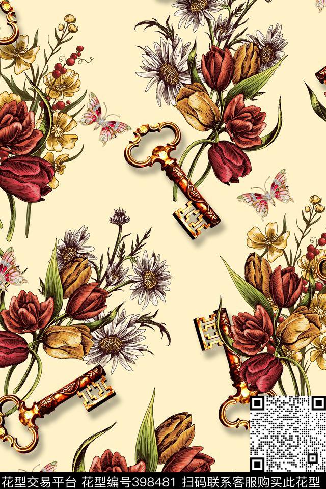 流行时尚蝴蝶钥匙欧式复古数码印花华亿平台下载（图片编号: 398481） - 瓦栏（Walan）