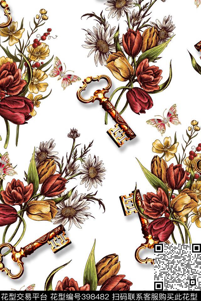 流行时尚蝴蝶钥匙欧式复古数码印花华亿平台下载（图片编号: 398482） - 瓦栏（Walan）