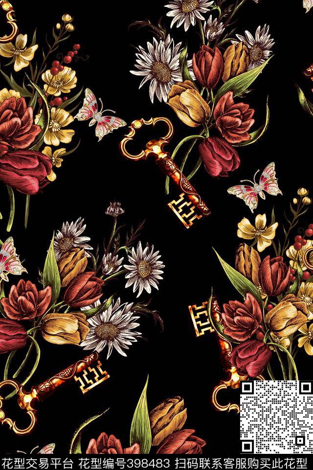 流行时尚蝴蝶钥匙欧式复古数码印花华亿平台下载（图片编号: 398483） - 瓦栏（Walan）