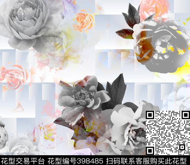复古经典黑白牡丹渐变方格叠加数码印花华亿平台下载（图片编号: 398485） - 瓦栏（Walan）