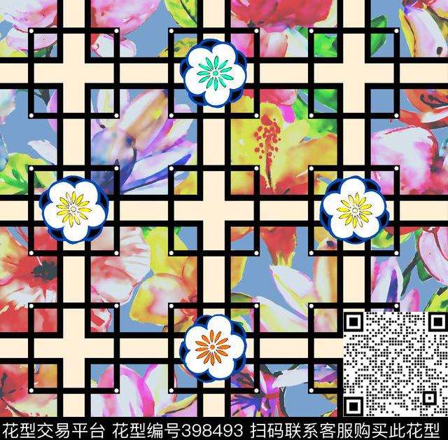 古典中式水彩花矢量花叠加中式门框数码印花华亿平台下载（图片编号: 398493） - 瓦栏（Walan）