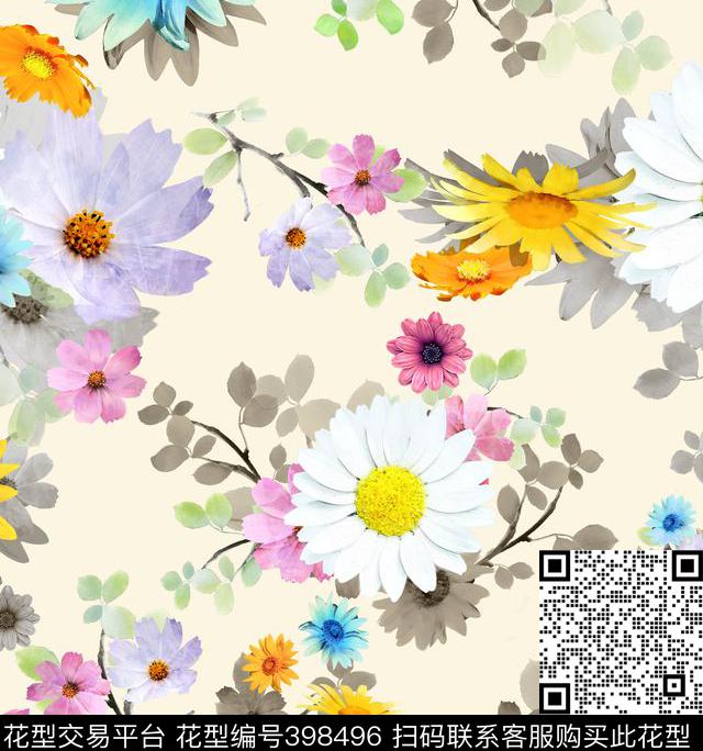 大花朵韩版印花数码印花华亿平台下载（图片编号: 398496） - 瓦栏（Walan）
