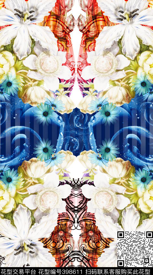 对称定位花卉数码印花华亿平台下载（图片编号: 398611） - 瓦栏（Walan）