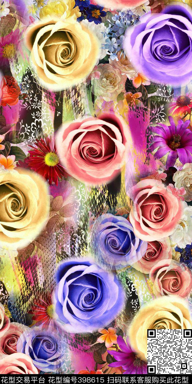 大气手绘玫瑰花卉素雅水彩底数码印花华亿平台下载（图片编号: 398615） - 瓦栏（Walan）
