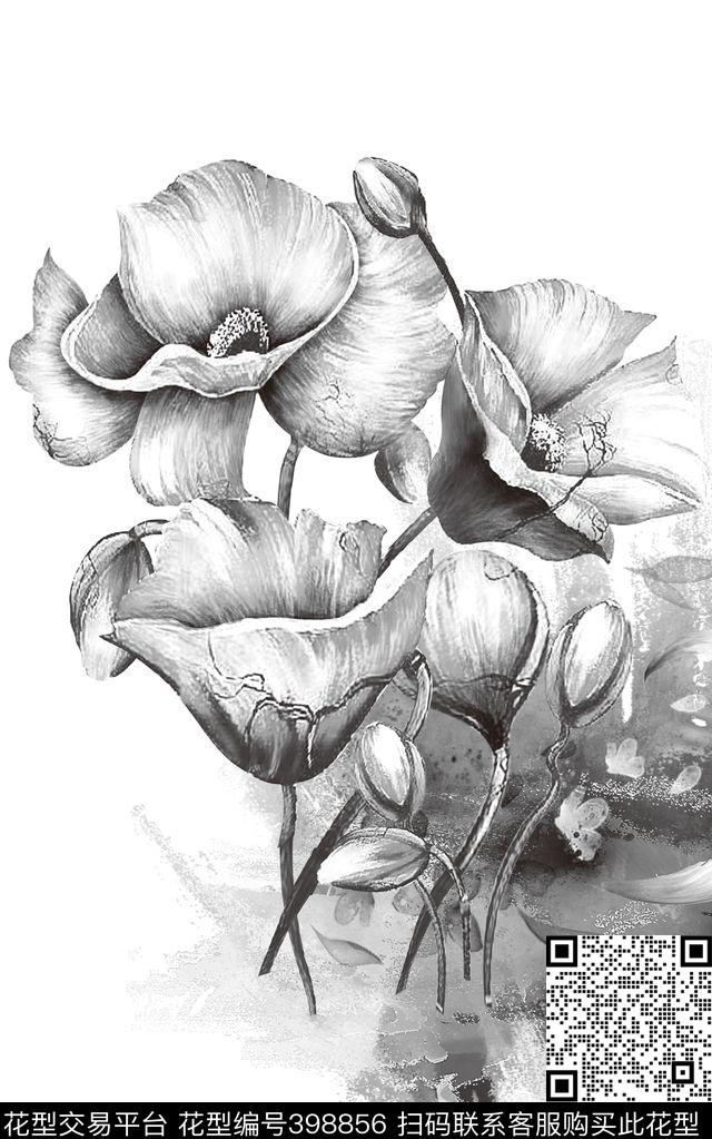 大花复古黑白传统印花华亿平台下载（图片编号: 398856） - 瓦栏（Walan）