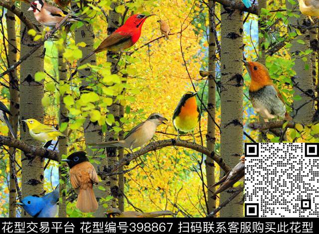 写意丛林小鸟数码印花华亿平台下载（图片编号: 398867） - 瓦栏（Walan）