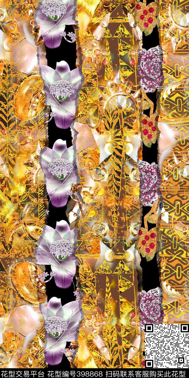 抽象花卉流行时尚珠宝钻石数码印花华亿平台下载（图片编号: 398868） - 瓦栏（Walan）