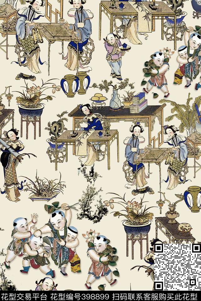 中国风古典美女古典中国风数码印花华亿平台下载（图片编号: 398899） - 瓦栏（Walan）