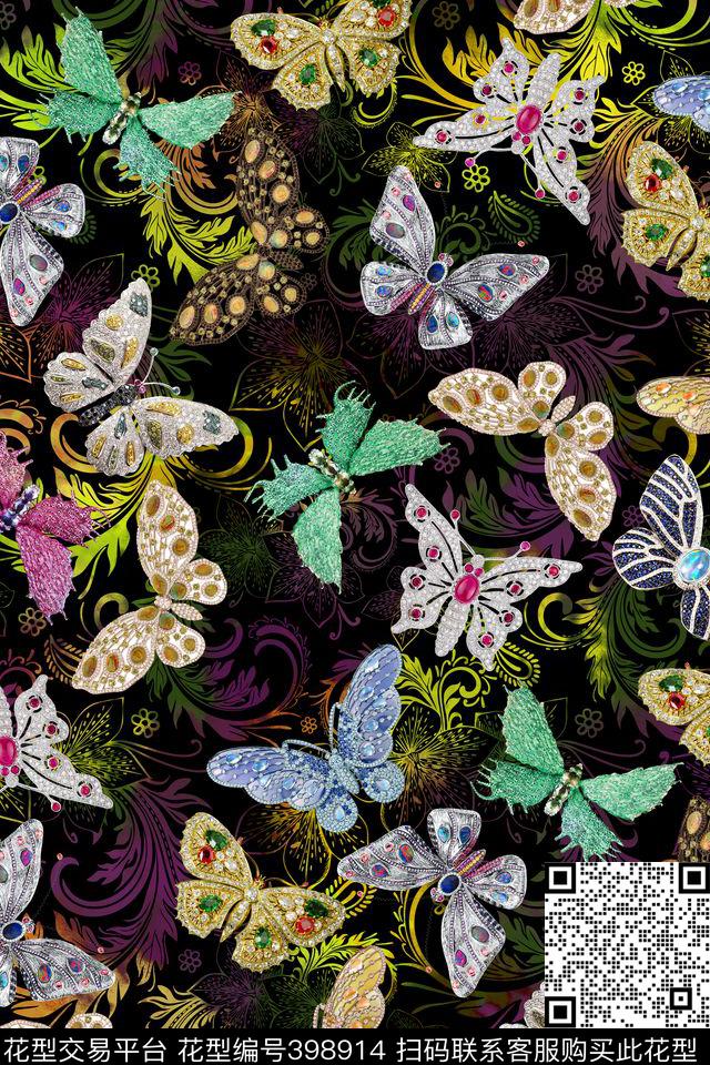 珠宝宝石蝴蝶珠宝卷草纹数码印花华亿平台下载（图片编号: 398914） - 瓦栏（Walan）
