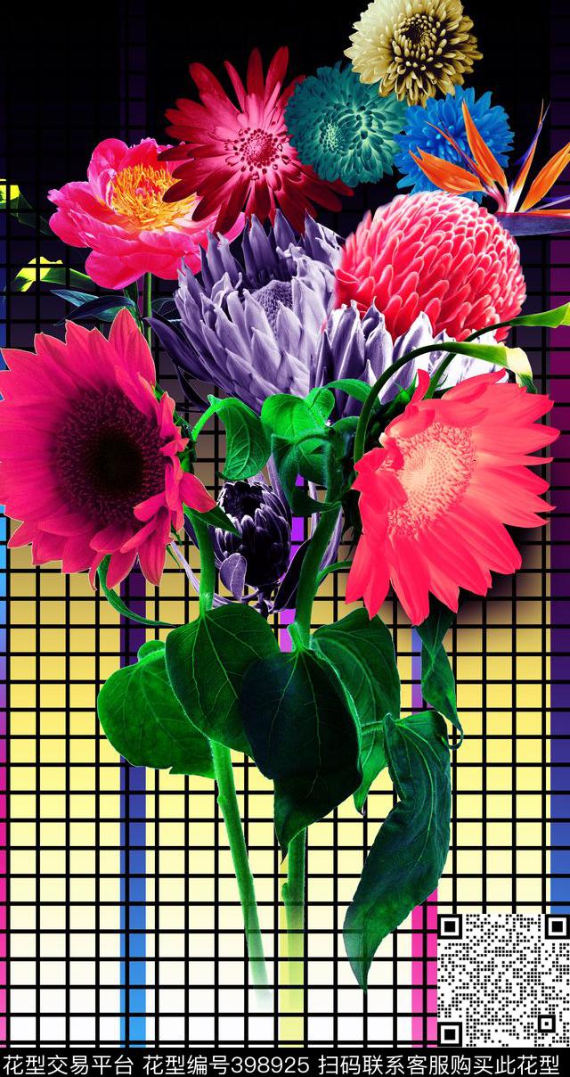 甜美清新格子渐变底纹加大花数码印花华亿平台下载（图片编号: 398925） - 瓦栏（Walan）