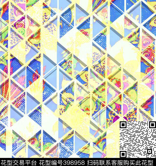 流行时尚混搭三角几何投影错位复古墙纸花叠加数码印花华亿平台下载（图片编号: 398958） - 瓦栏（Walan）