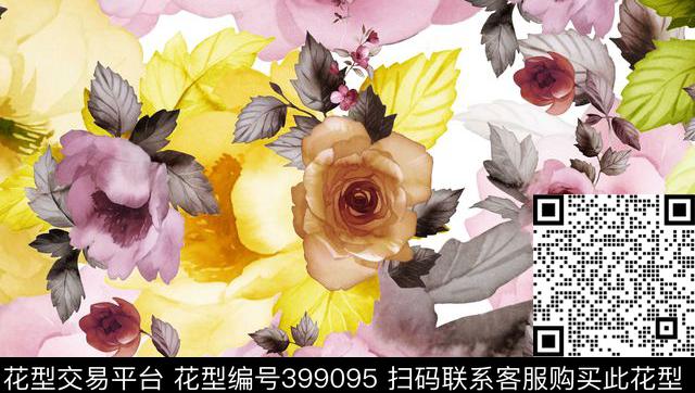 清新水彩效果大花卉背景景加小花前景数码印花华亿平台下载（图片编号: 399095） - 瓦栏（Walan）
