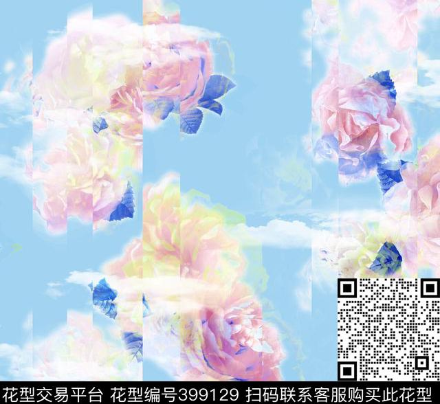 浪漫清新模糊花白云叠加条格数码印花华亿平台下载（图片编号: 399129） - 瓦栏（Walan）