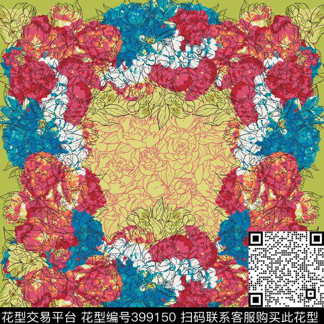 传统印花方巾花卉传统印花华亿平台下载（图片编号: 399150） - 瓦栏（Walan）