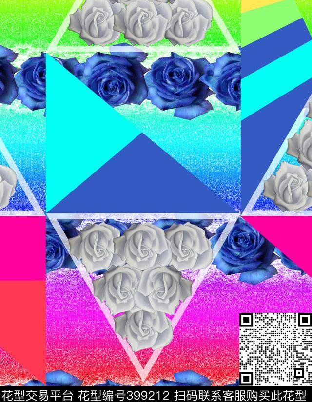 时尚几何玫瑰数码印花华亿平台下载（图片编号: 399212） - 瓦栏（Walan）