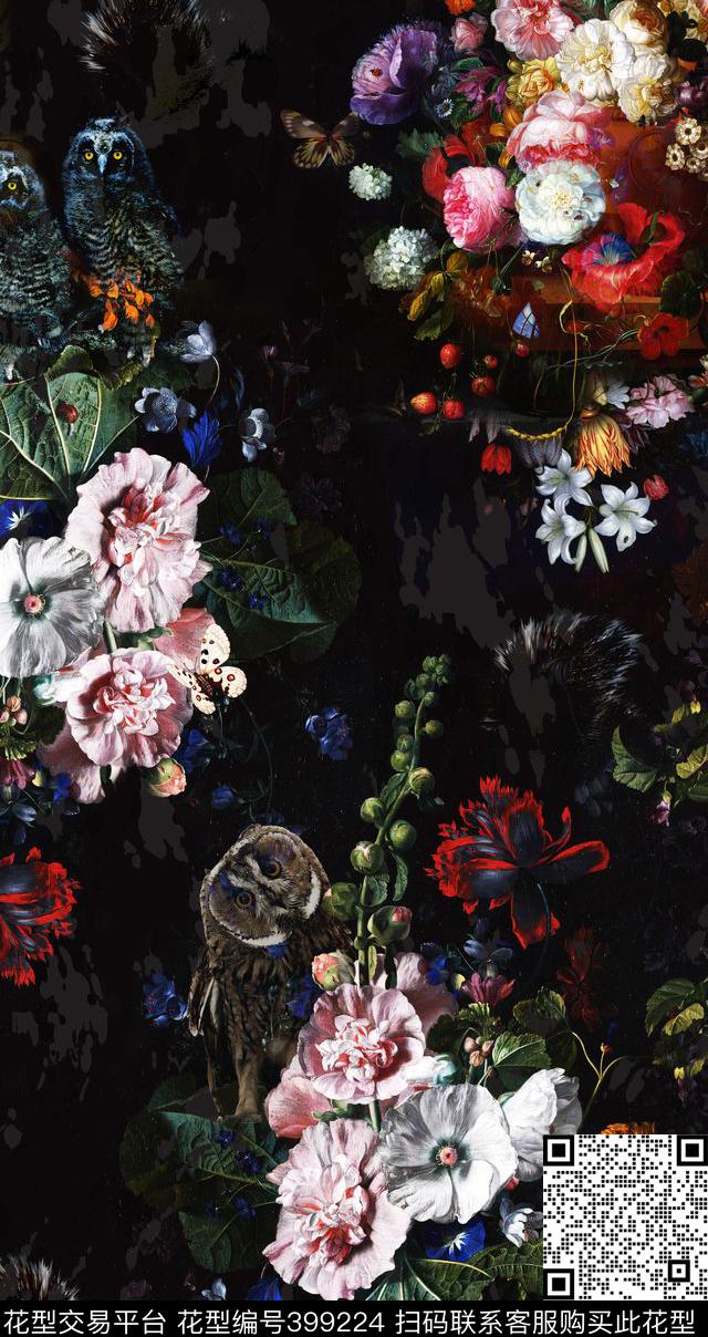 复古油画猫头鹰数码印花华亿平台下载（图片编号: 399224） - 瓦栏（Walan）