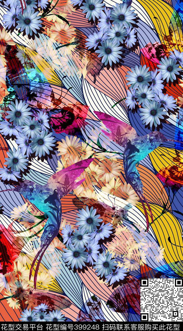 蝴蝶风景剪影数码印花华亿平台下载（图片编号: 399248） - 瓦栏（Walan）