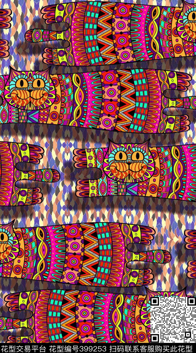 民族漫画猫咪数码印花华亿平台下载（图片编号: 399253） - 瓦栏（Walan）