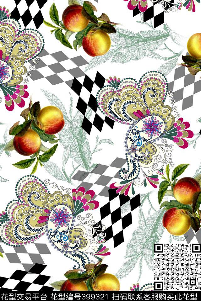 黑白几何果实羽毛花纹数码印花华亿平台下载（图片编号: 399321） - 瓦栏（Walan）