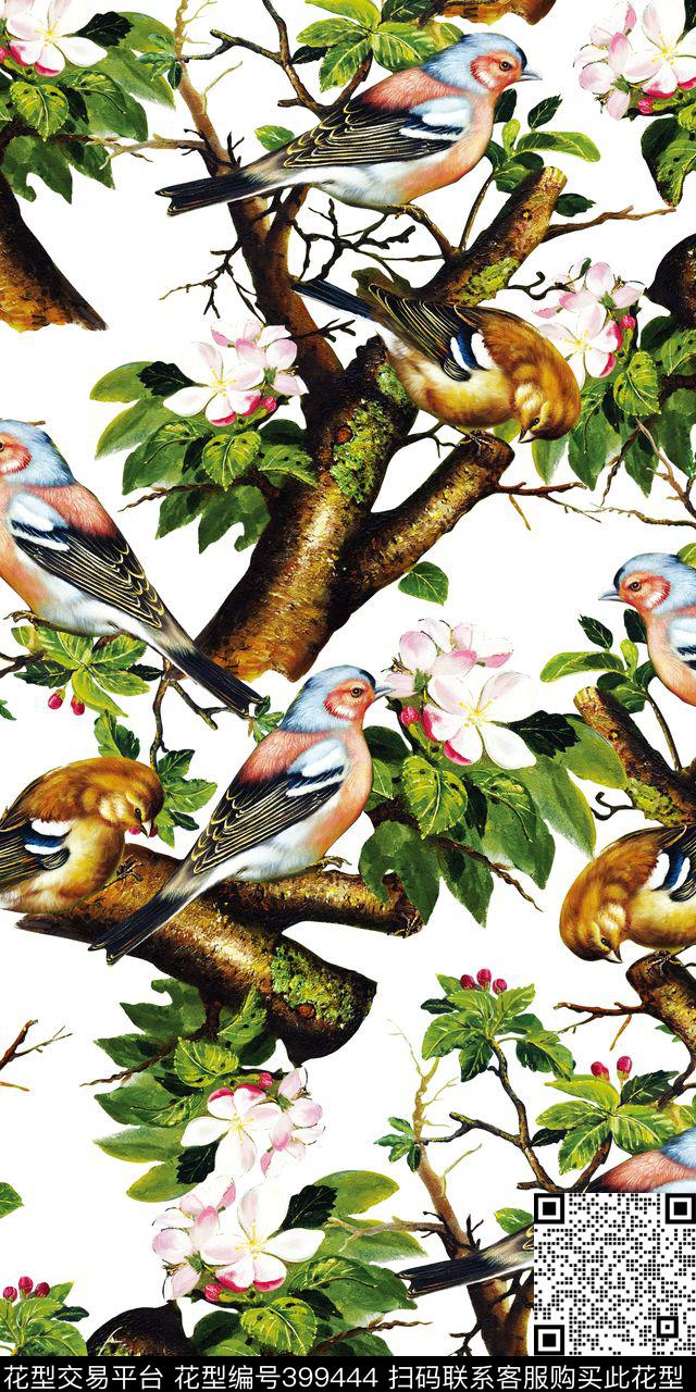 大气素雅花鸟树枝数码印花华亿平台下载（图片编号: 399444） - 瓦栏（Walan）