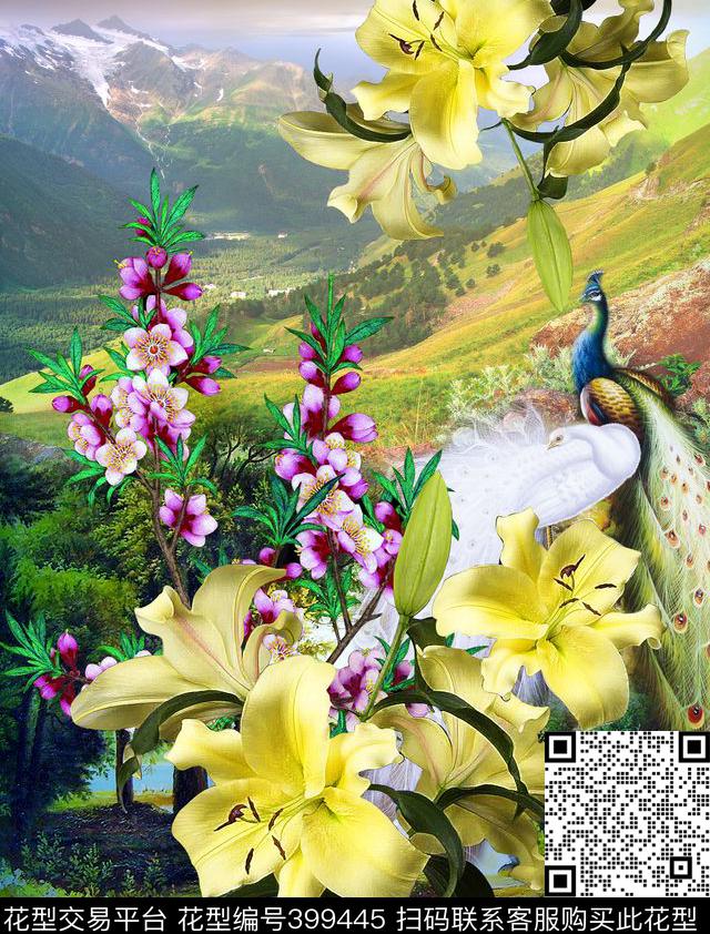 时尚绚丽油画风景孔雀花卉数码印花华亿平台下载（图片编号: 399445） - 瓦栏（Walan）