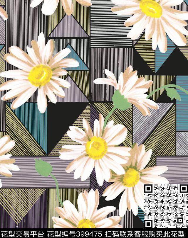 几何线条清新小菊花传统印花华亿平台下载（图片编号: 399475） - 瓦栏（Walan）