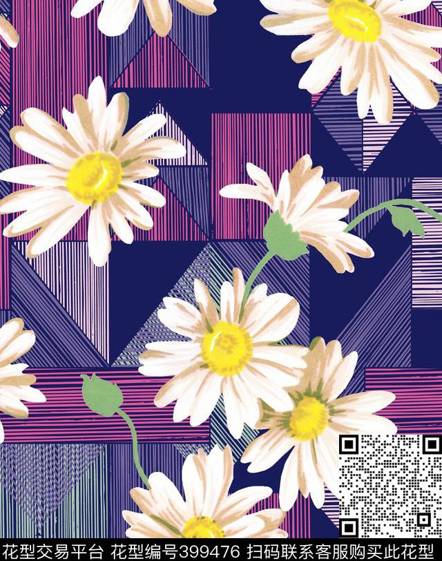清新几何线条小菊花传统印花华亿平台下载（图片编号: 399476） - 瓦栏（Walan）
