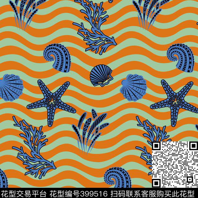 波浪纹趣味海星传统印花华亿平台下载（图片编号: 399516） - 瓦栏（Walan）