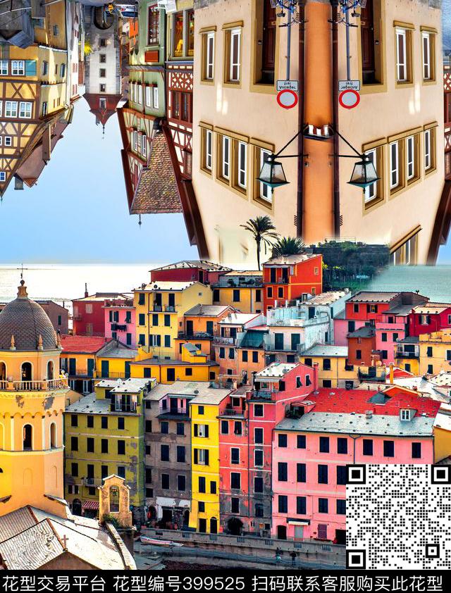 简洁清爽欧式小房屋定位花数码印花华亿平台下载（图片编号: 399525） - 瓦栏（Walan）