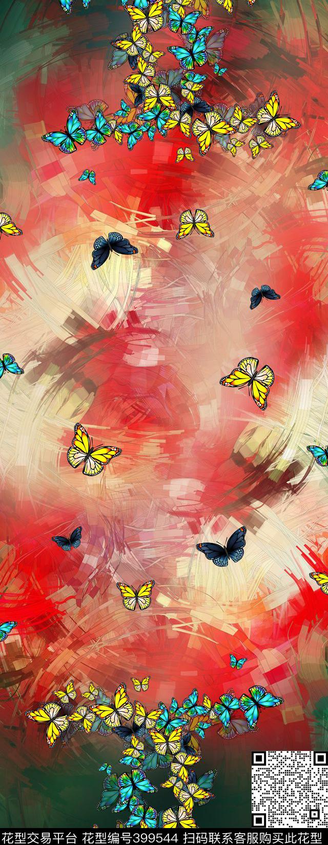 抽象蝴蝶丝巾数码印花华亿平台下载（图片编号: 399544） - 瓦栏（Walan）