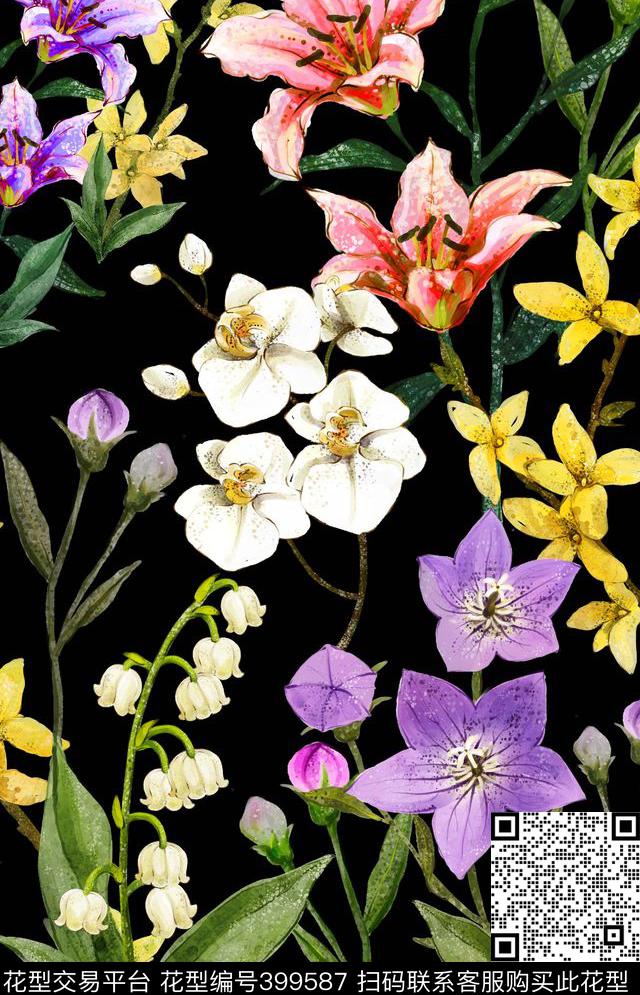 百合花牵牛花数码印花华亿平台下载（图片编号: 399587） - 瓦栏（Walan）