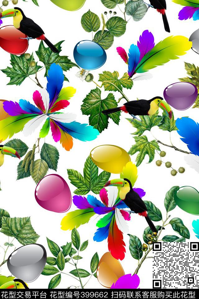 流行时尚羽毛鹅卵石鹦鹉流行时尚花卉数码印花华亿平台下载（图片编号: 399662） - 瓦栏（Walan）